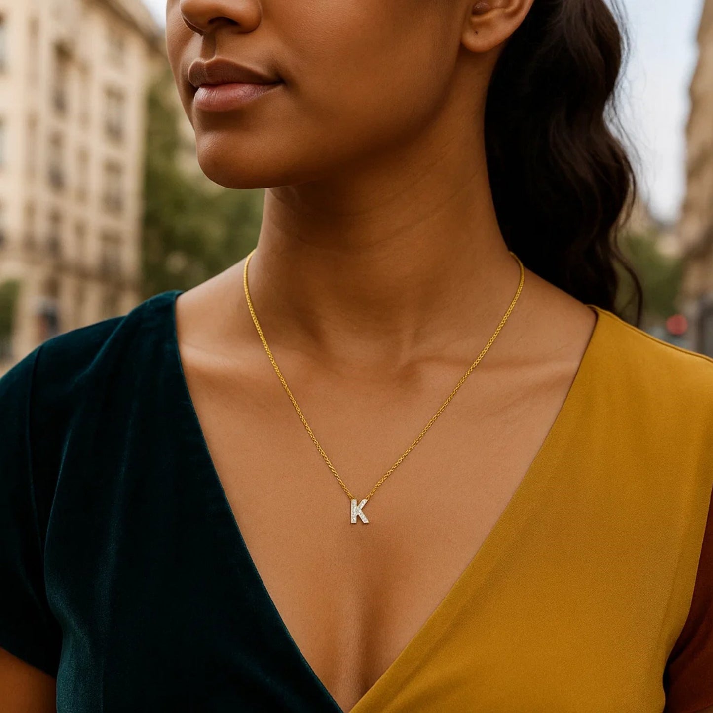 14K Yellow Gold Mini Diamond K Initial Pendant Necklace