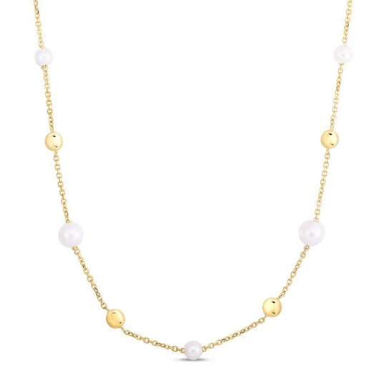 14K Yellow Gold Pearl Bead Tin Cup Station Necklace