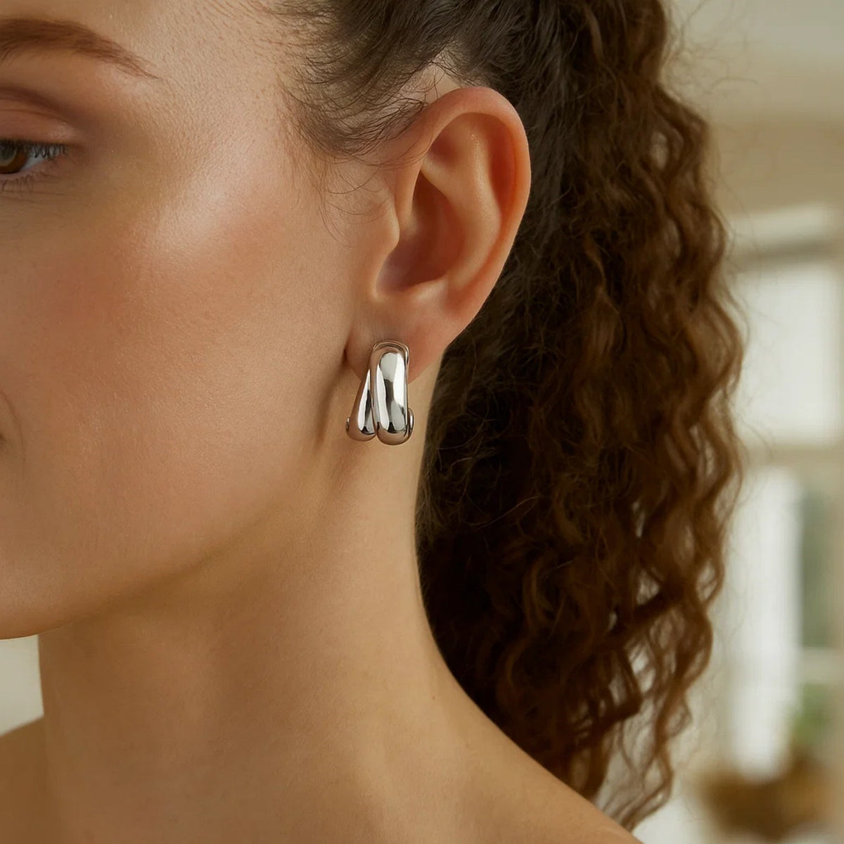 Sterling Silver Puffed Double Row Crossover C Hoop Earrings