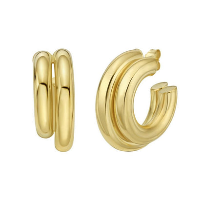 Sterling Silver Yellow Gold Plated Double Row Big and Small Round Hoop Earrings