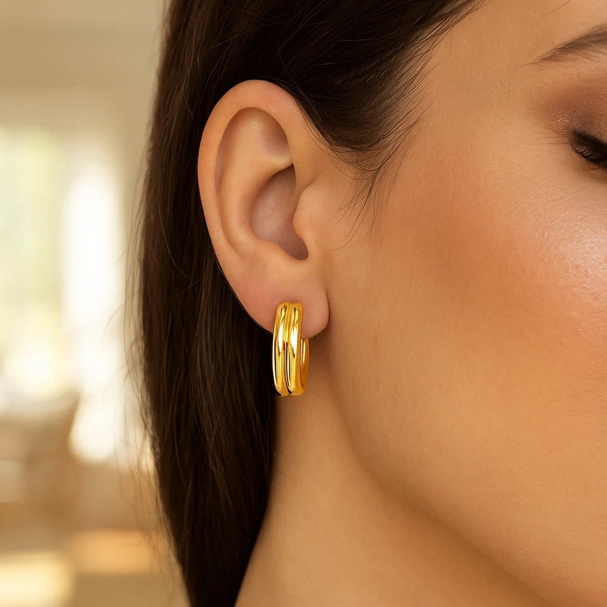 14K Yellow Gold Double Oval Hoop Earrings