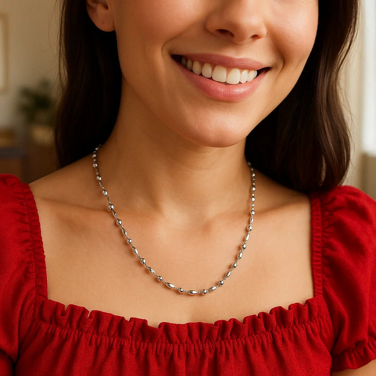 Sterling Silver Rhodium Plated Moon Cut Oval Bead Chain (3.00 mm)