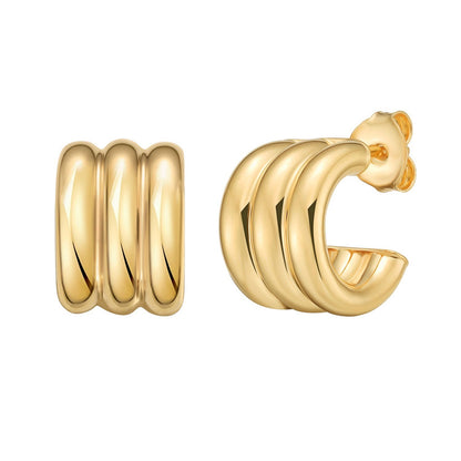 Sterling Silver Yellow Gold Plated Triple Row C Hoop Earrings