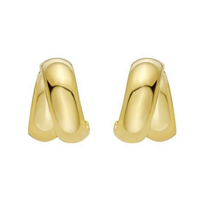 Sterling Silver Yellow Gold Plated Puffed Double Row Crossover C Hoop Earrings