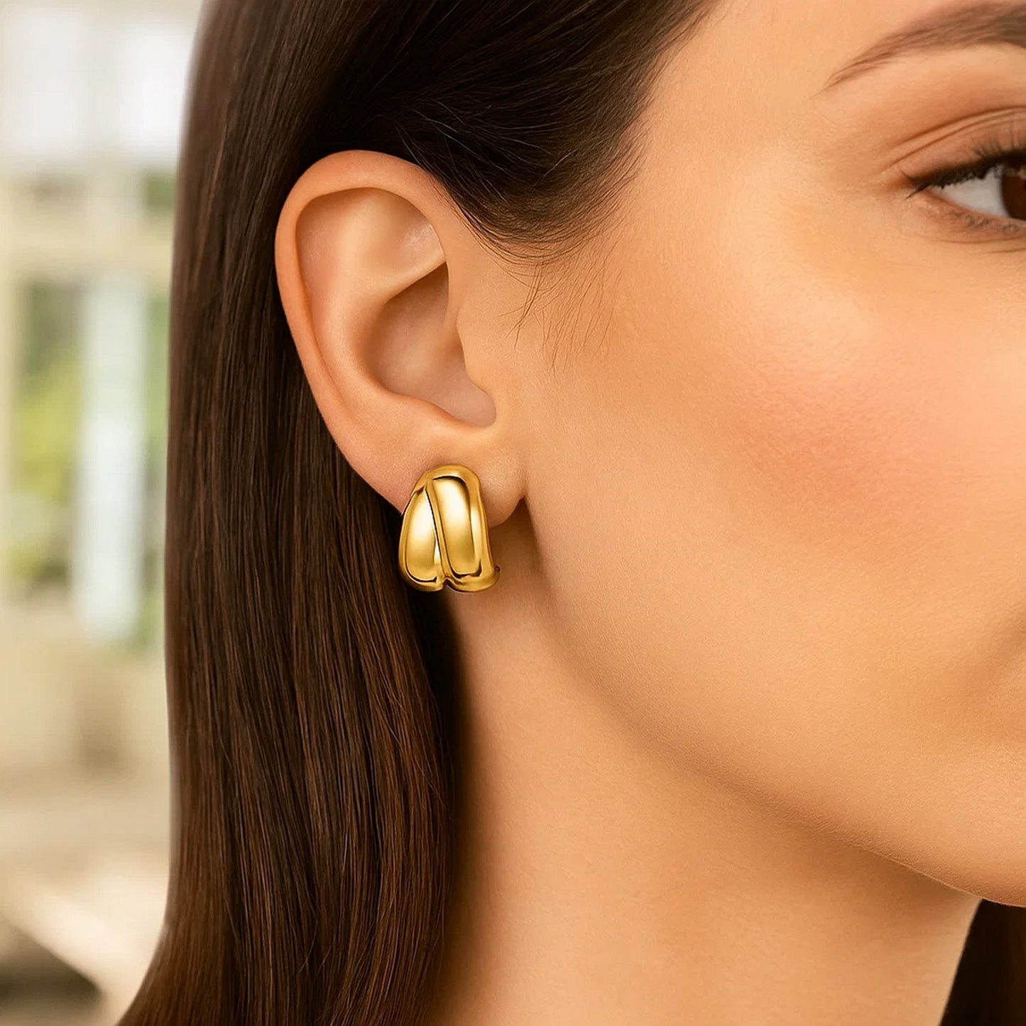 Sterling Silver Yellow Gold Plated Puffed Double Row Crossover C Hoop Earrings