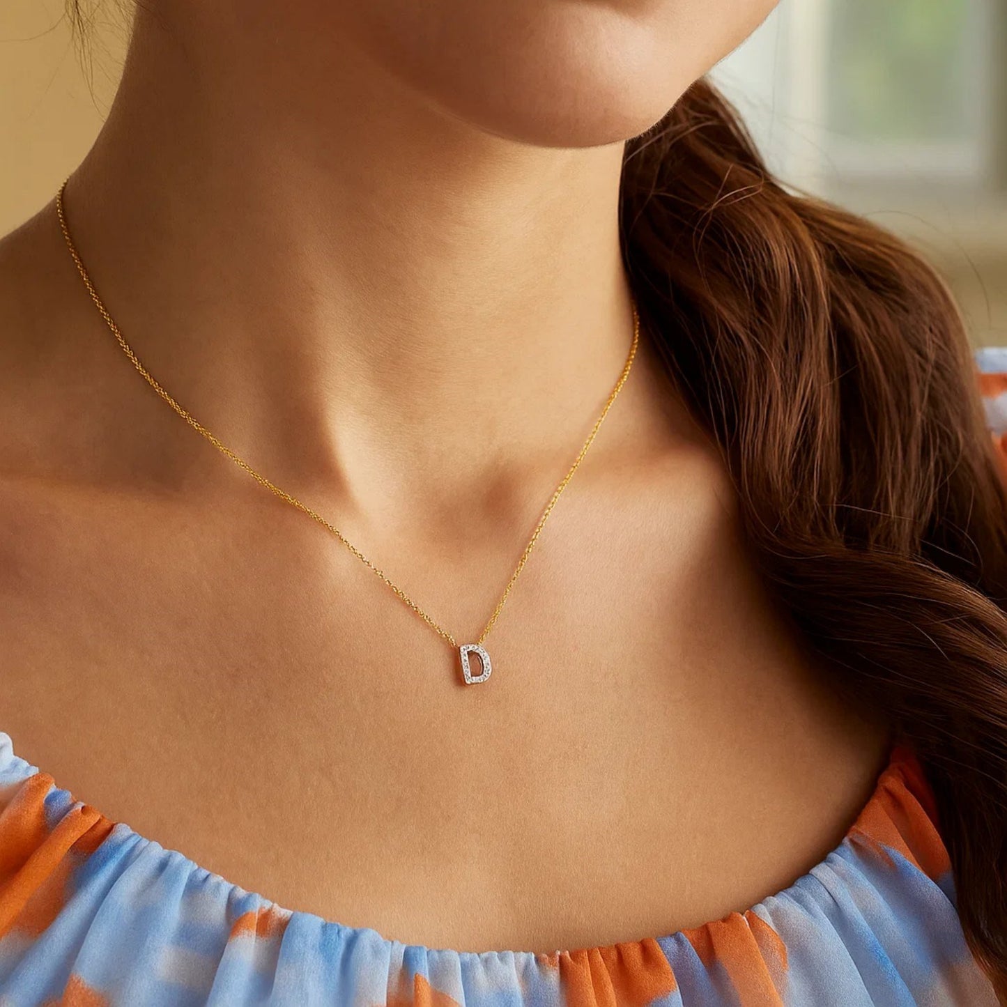 14K Yellow Gold Mini Diamond D Initial Pendant Necklace