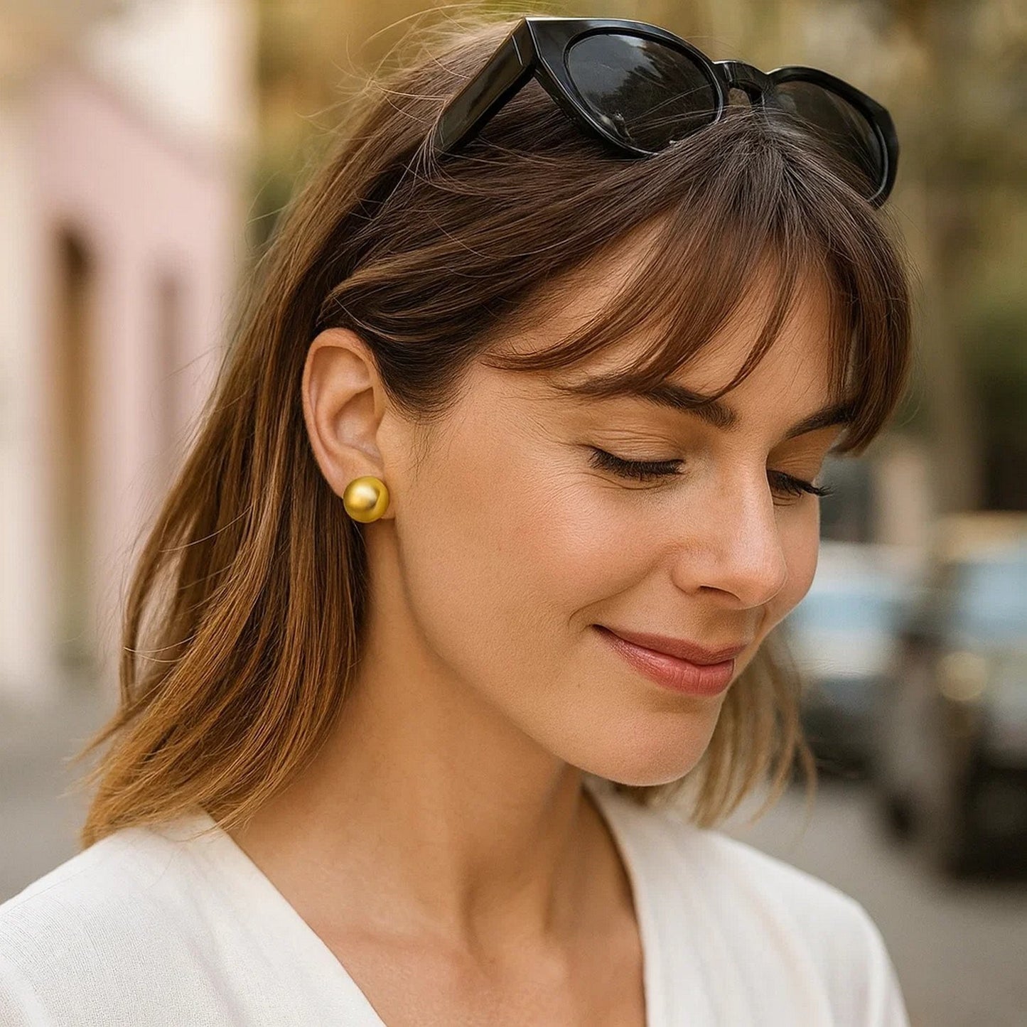 Sterling Silver Yellow Gold Plated Puffed Button Omega Earrings
