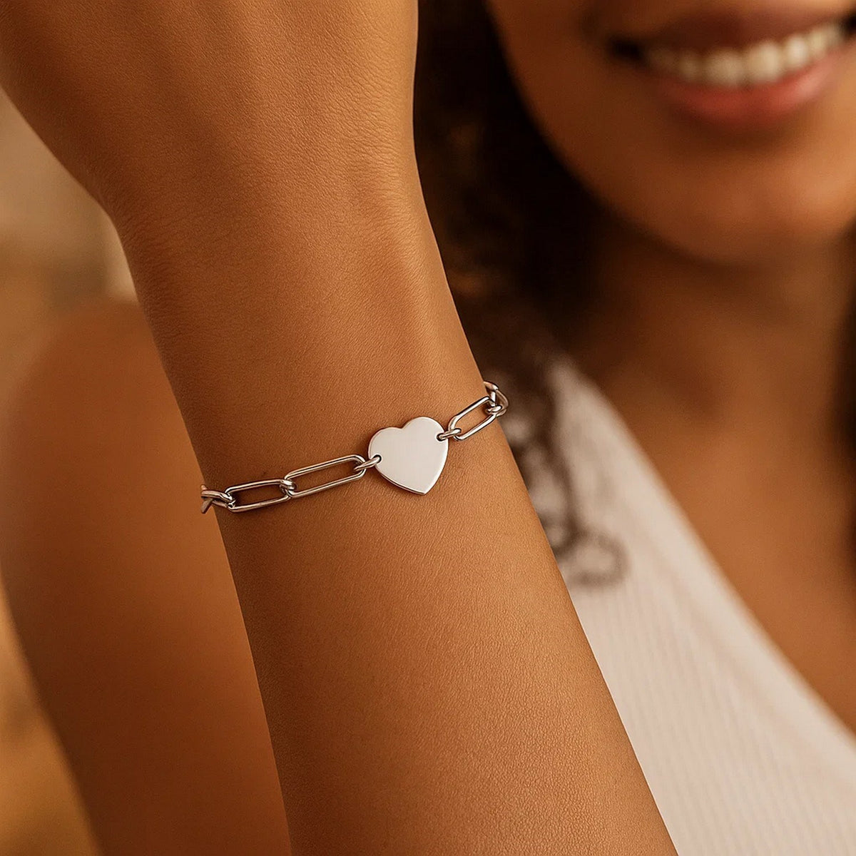 Sterling Silver Rhodium Plated Engravable Heart Paperclip Bracelet (2.10 mm)