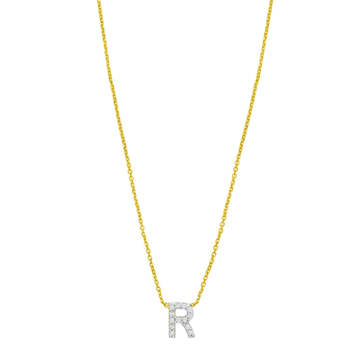 14K Yellow Gold Mini Diamond R Initial Pendant Necklace