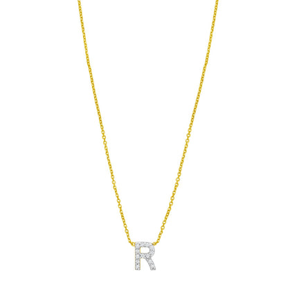 14K Yellow Gold Mini Diamond R Initial Pendant Necklace