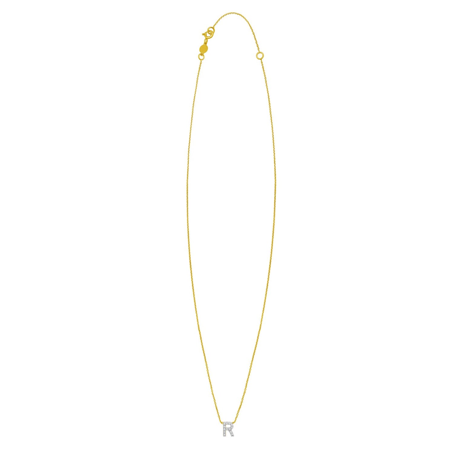 14K Yellow Gold Mini Diamond R Initial Pendant Necklace