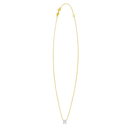 14K Yellow Gold Mini Diamond R Initial Pendant Necklace