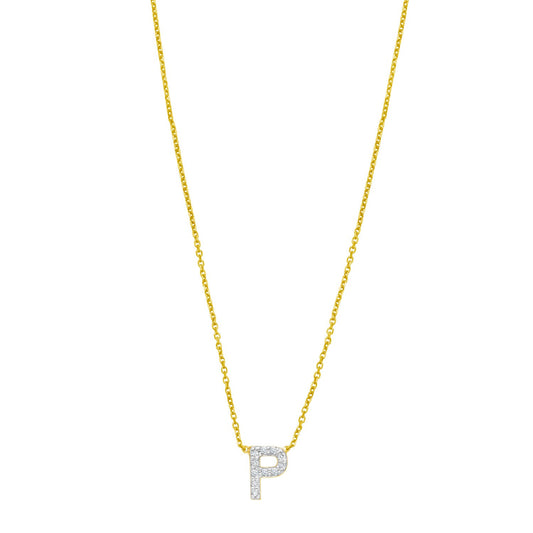 14K Yellow Gold Mini Diamond P Initial Pendant Necklace
