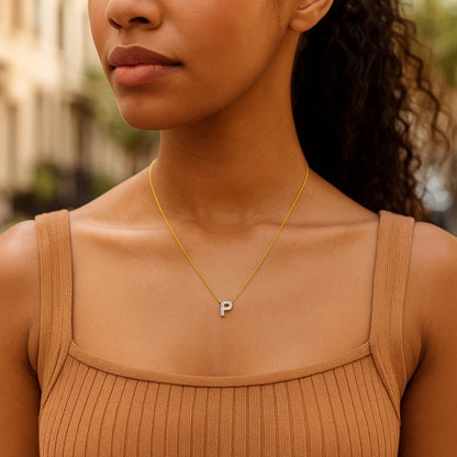 14K Yellow Gold Mini Diamond P Initial Pendant Necklace