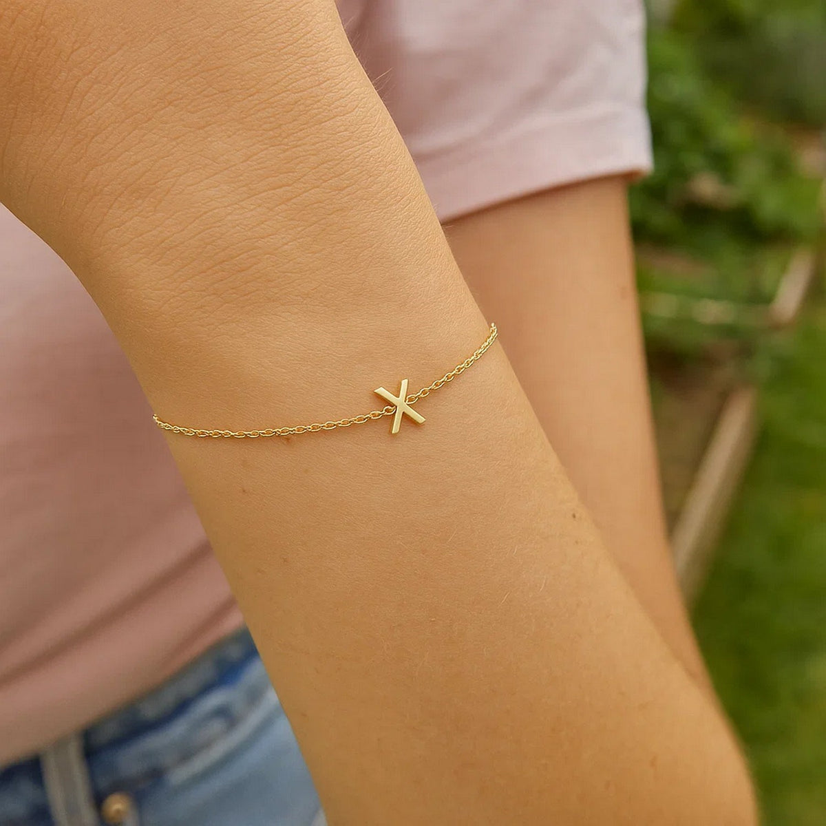 14K Yellow Gold Mini Initial X Bracelet