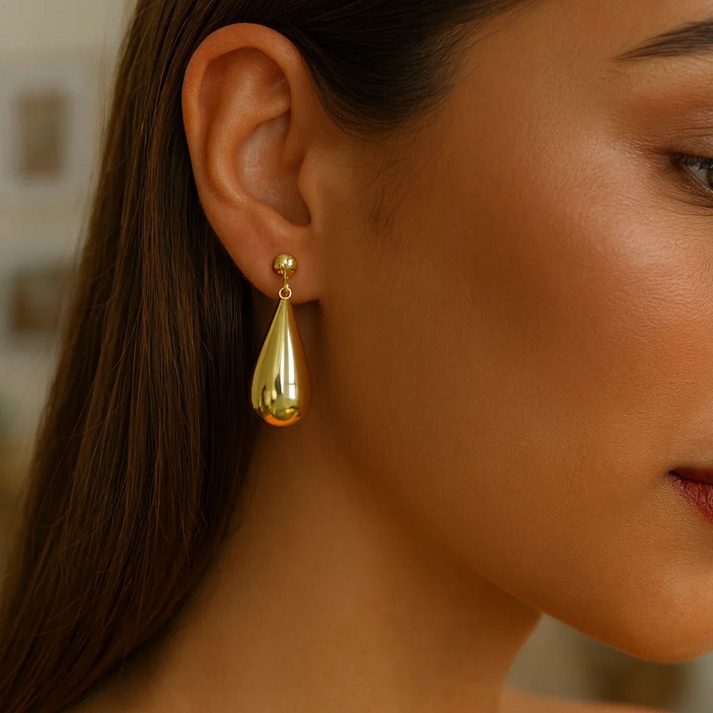 Sterling Silver Yellow Gold Plated Puffed Teardrop Dangle Earrings