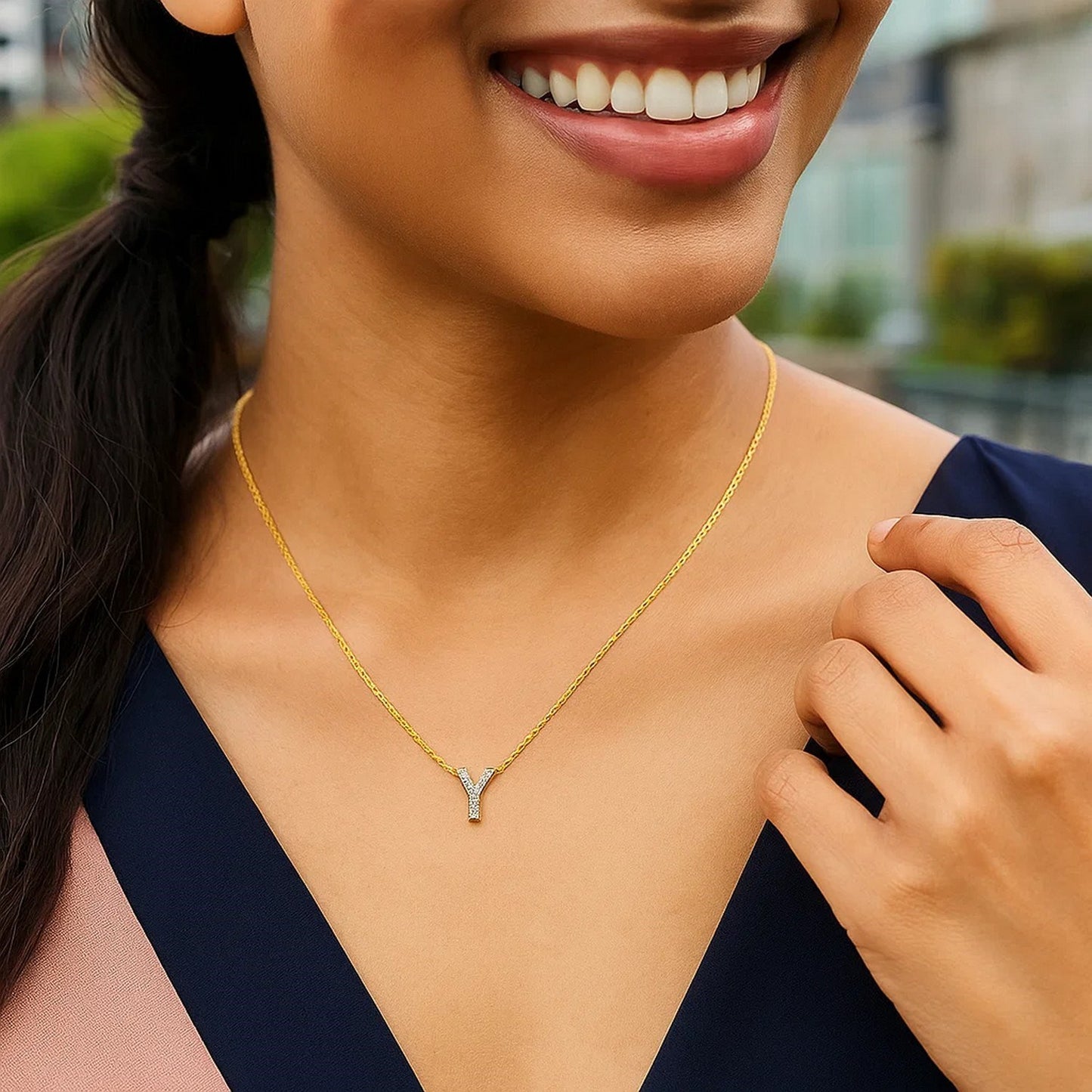 14K Yellow Gold Mini Diamond Y Initial Pendant Necklace