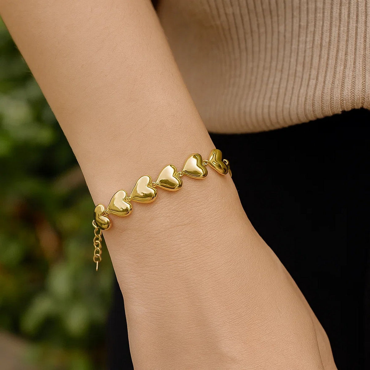 Sterling Silver Yellow Gold Plated Puffed Hearts Bracelet