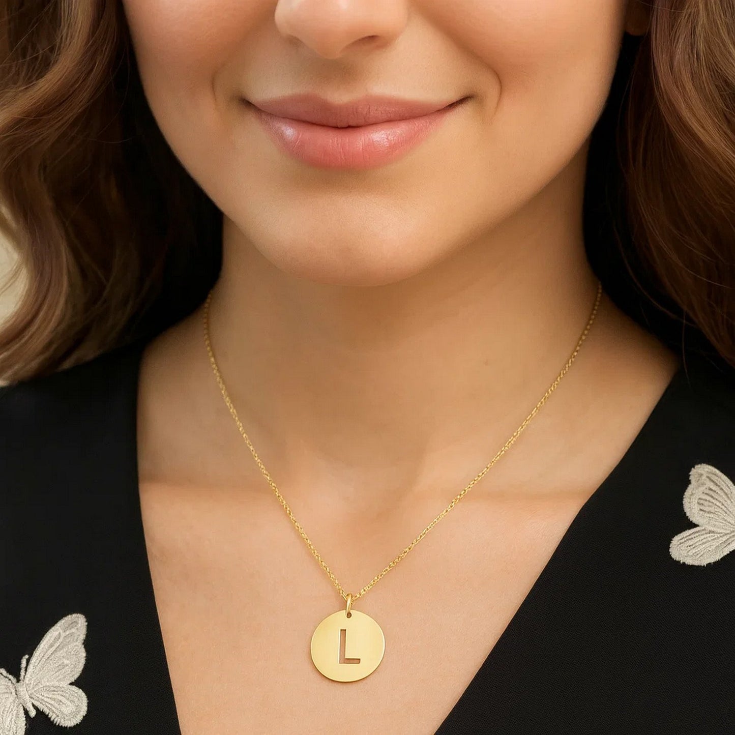 14K Yellow Gold Disc Initial L Pendant