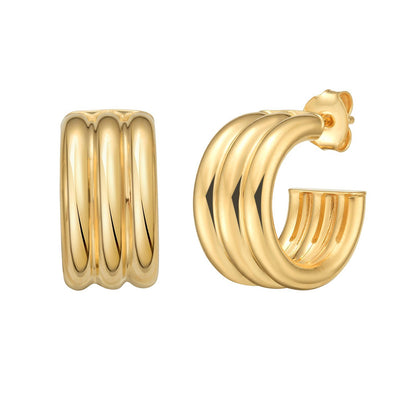 Sterling Silver Yellow Gold Plated Triple Row C Hoop Earrings