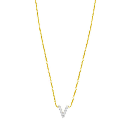 14K Yellow Gold Mini Diamond V Initial Pendant Necklace