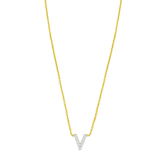 14K Yellow Gold Mini Diamond V Initial Pendant Necklace