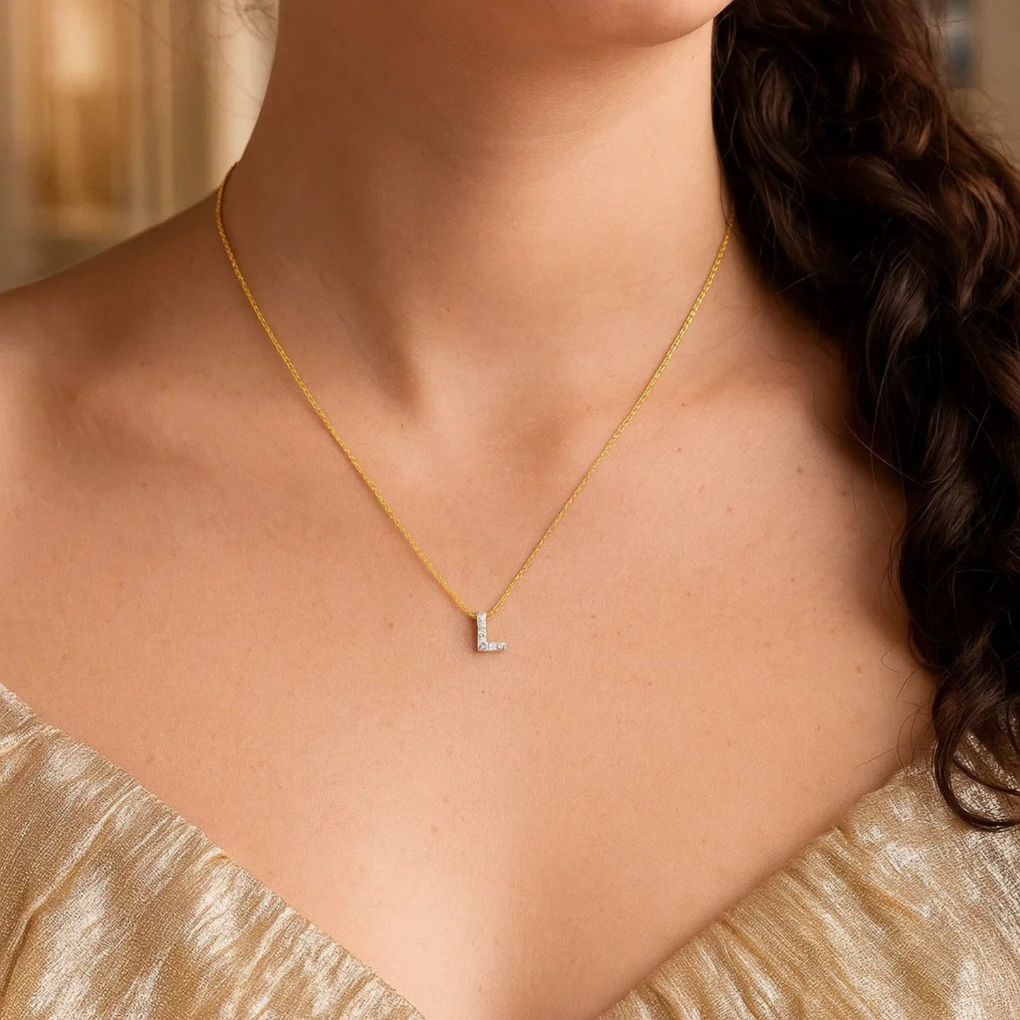 14K Yellow Gold Mini Diamond L Initial Pendant Necklace