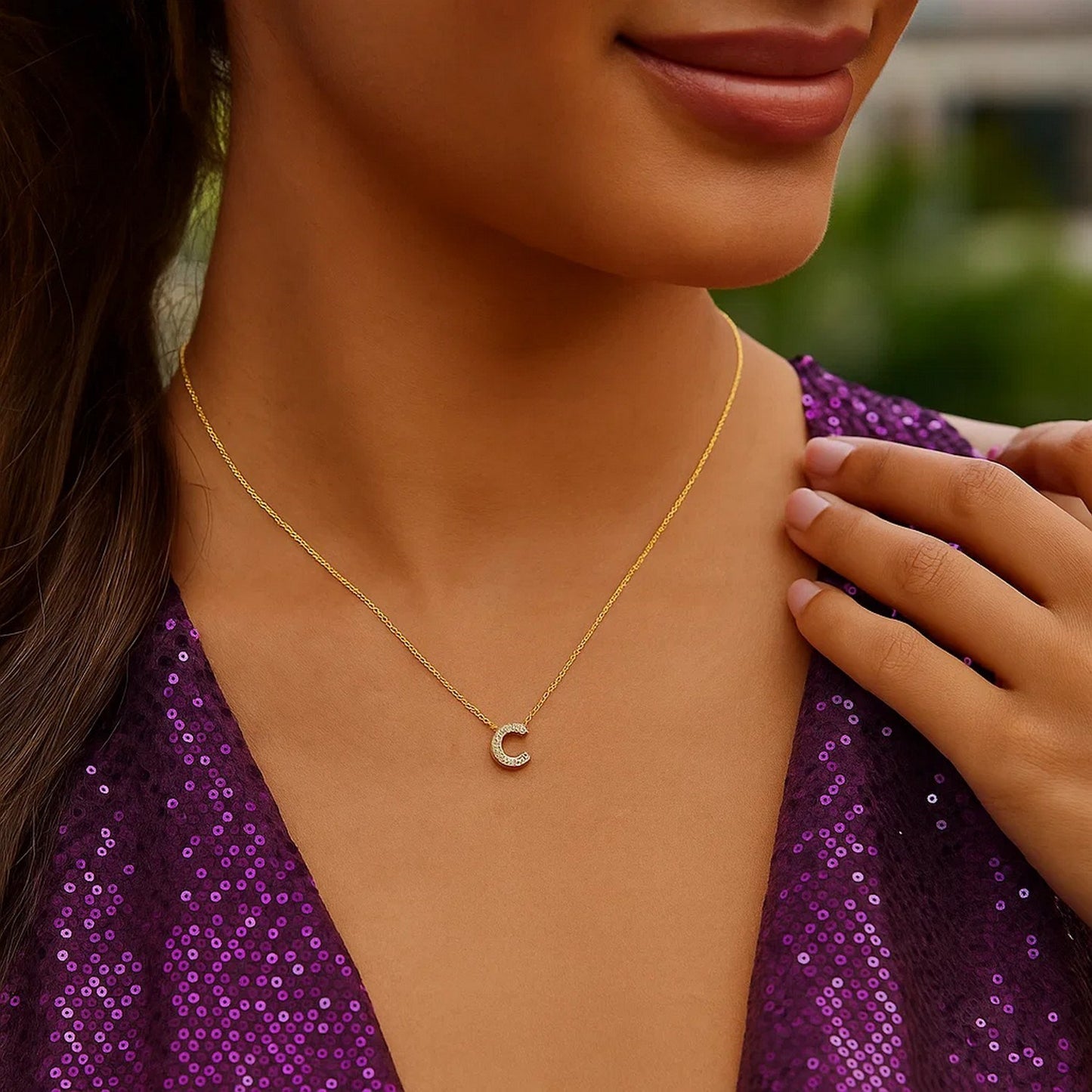 14K Yellow Gold Mini Diamond C Initial Pendant Necklace