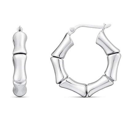 Sterling Silver Rhodium Plated Bold Bamboo Hoop Earrings