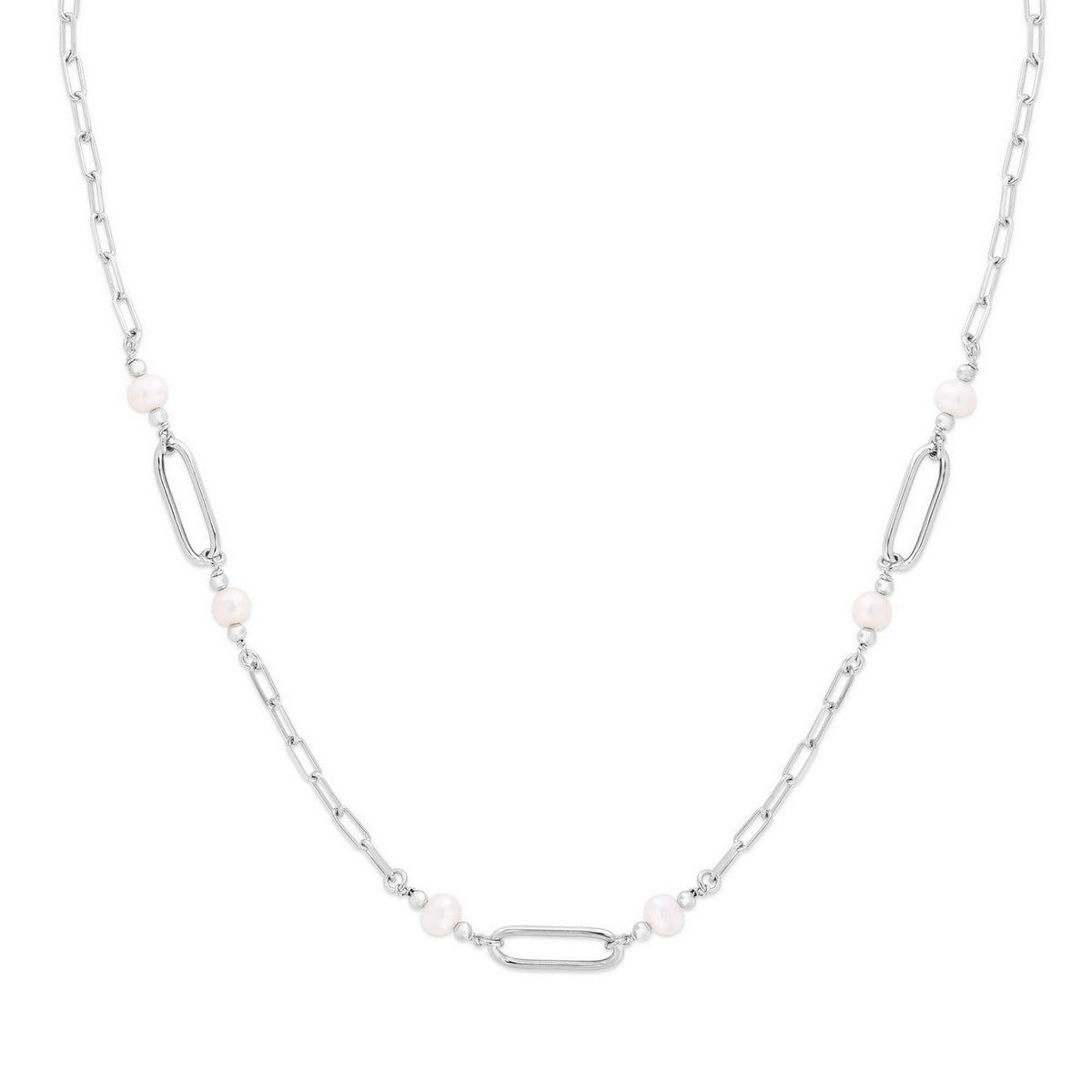 Sterling Silver Rhodium Plated Freshwater Pearl Paperclip Necklace
