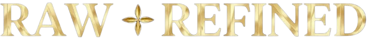 The logo for RAW + REFINED, featuring the words 'RAW + REFINED' in a metallic gold serif font with a small gold flower-like emblem in the center, set against a solid black background.