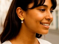 Heart and Pearl Drop Stud Earrings in 14K Yellow Gold