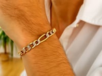 14K Yellow Two Tone Solid Pave Figaro Bracelet (7.00 mm)