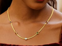 14K Yellow Gold Multi Gemstone Curb Chain Necklace