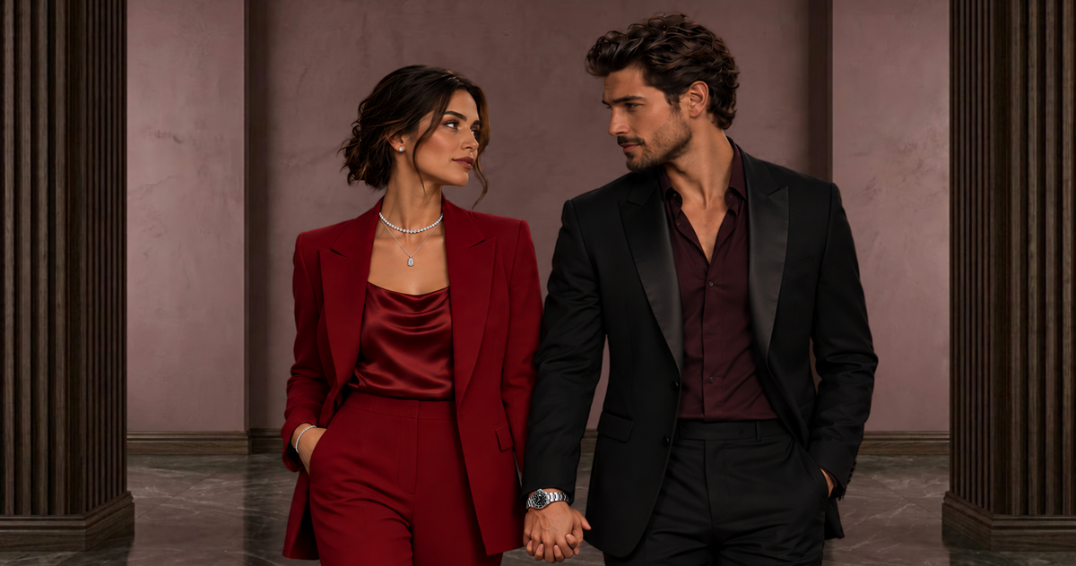 Man and woman holding hands in refined attire and wearing elegant fine jewelry